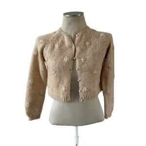 Vtg Y2K 2000s Tan Mohair Knit Floral Embroidered Cardigan Sz S COttagecore